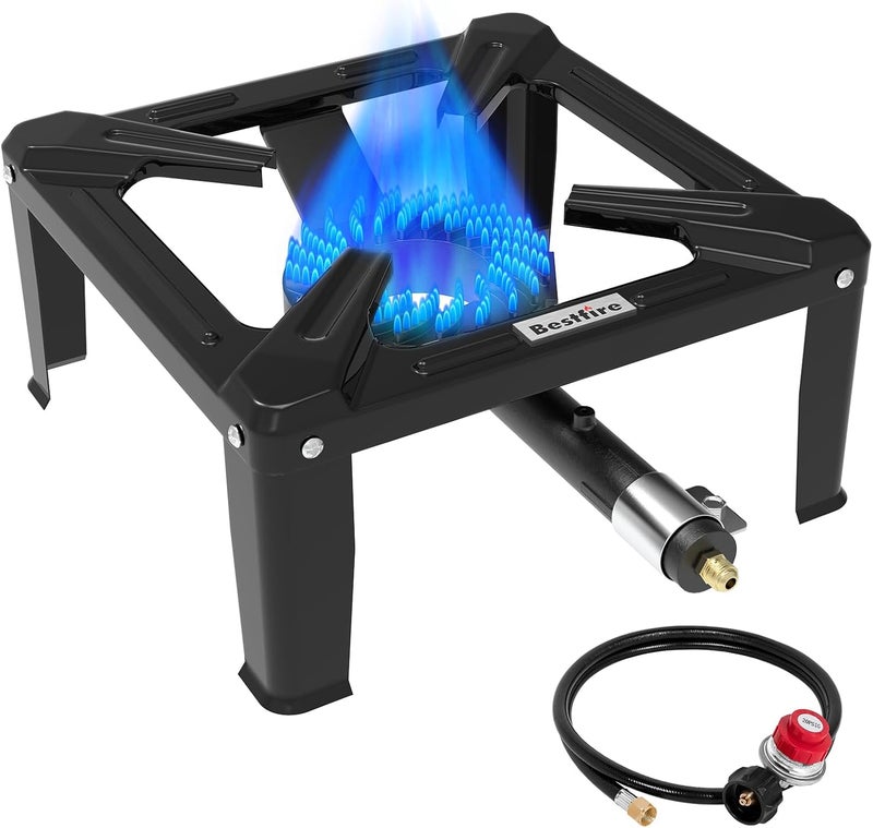 BestFire High Pressure Propane Burner, 120000 BTU Single Propane Stove with 4.1ft 0-20Psi Adjustable Hose with Regulator, 16" Square Steel Cooktop for Camping - Image 1